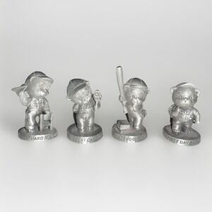 Set Of 4 Avon Fine Pewter 1983 2" Bear Figures Baseball Hats Collectible EUC